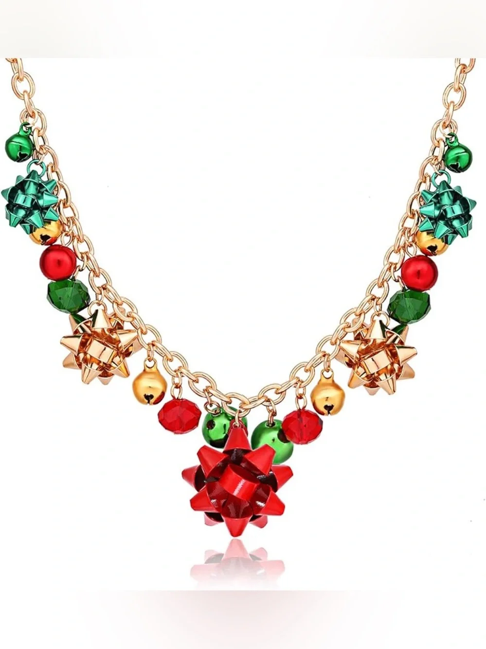 Festive Red & Green Gift Bow Charm Necklace - Women Jewelry
